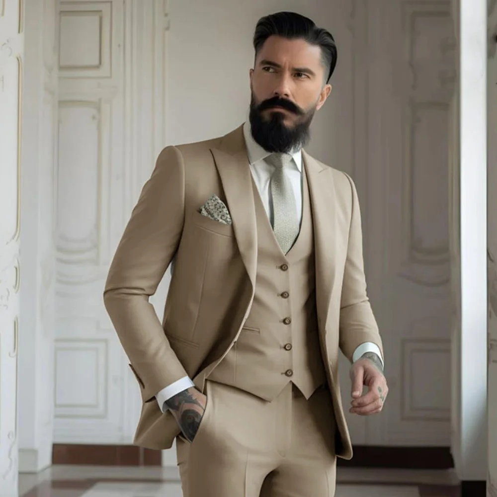 3 Pieces Post Khaki Suits Men  - Men Formal Wear Dress 评论和价格