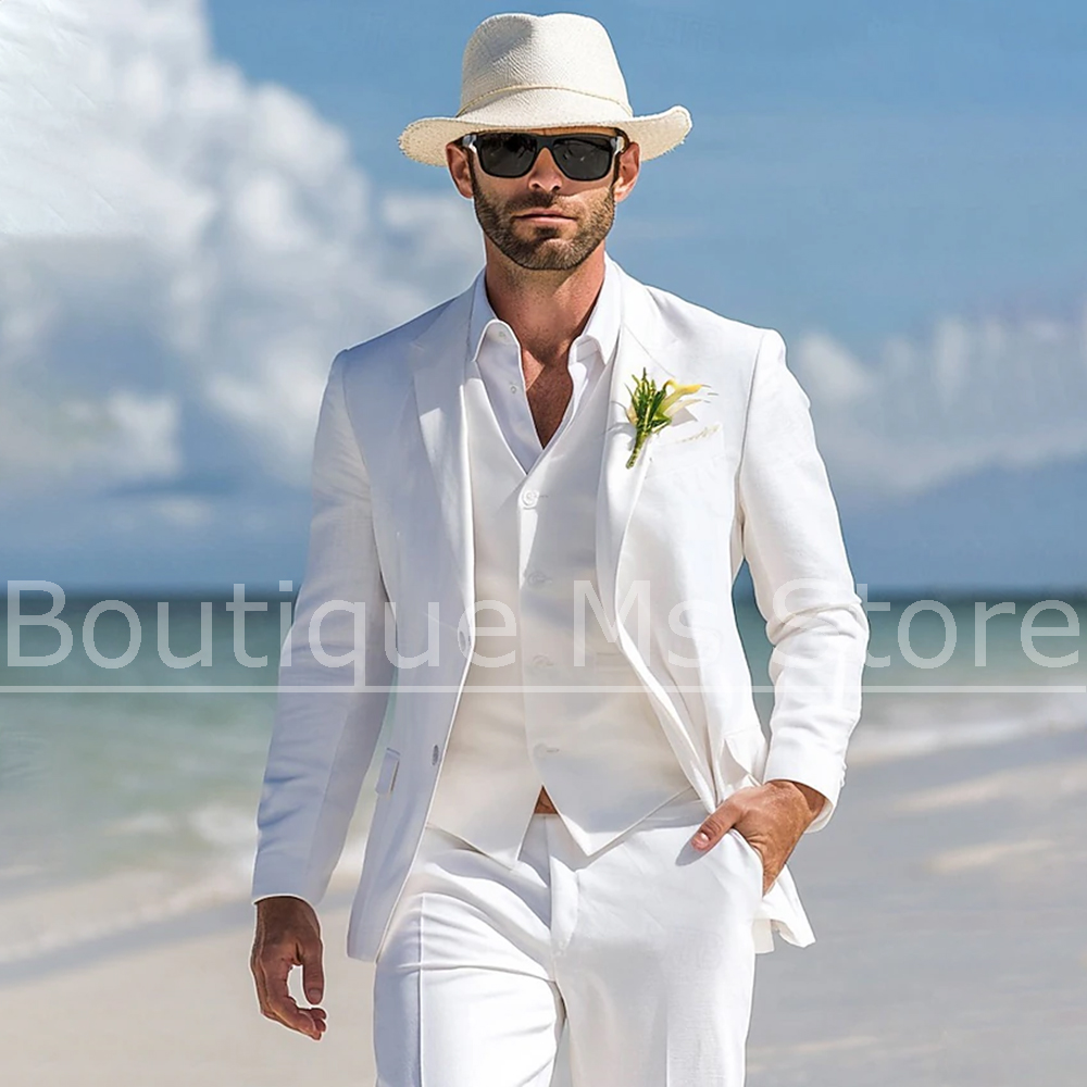 Men's White Linen Suit 3 Piece - Men Linen Formal Wear 评论和价格